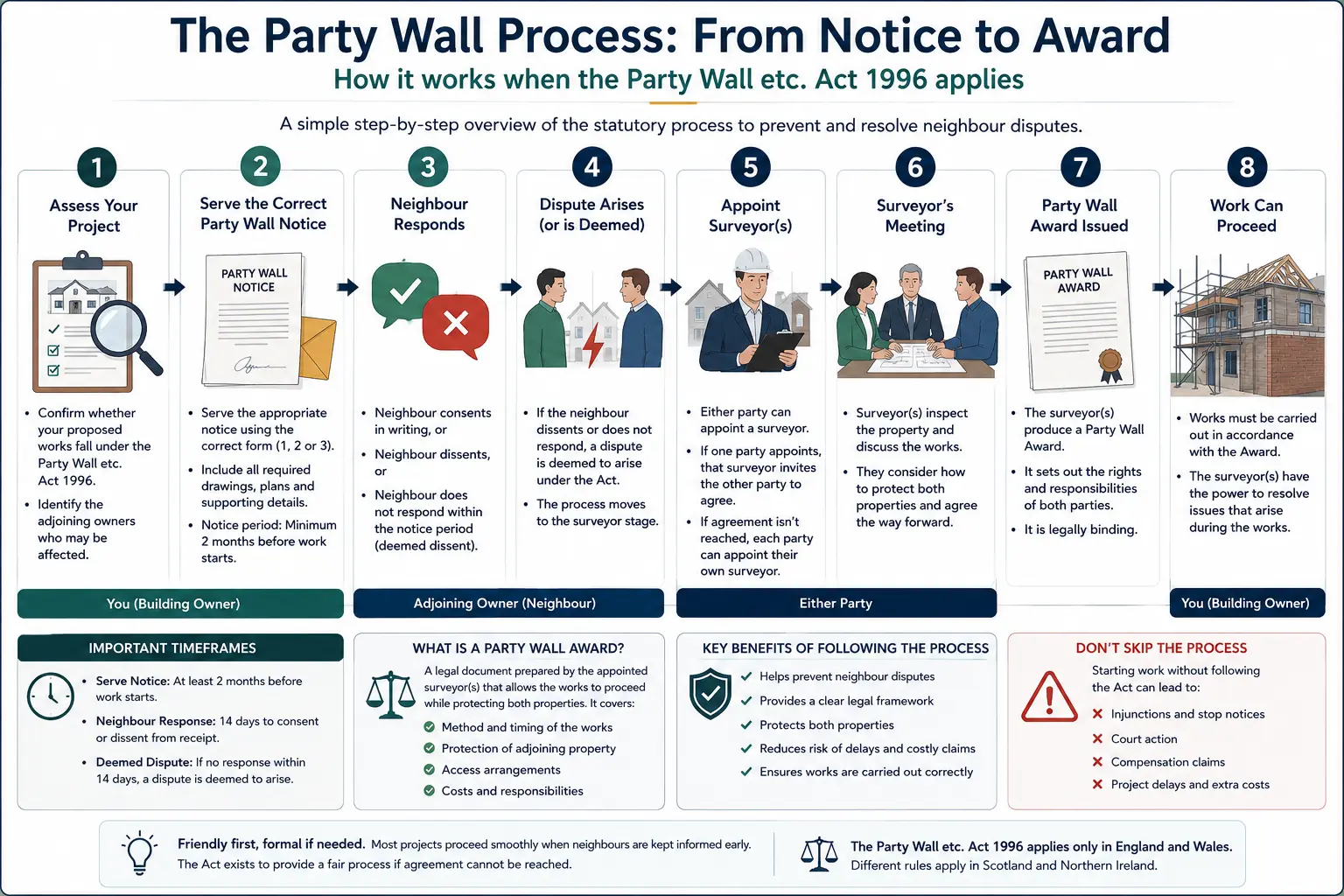 Do I Need a Party Wall Agreement? An infographic showing the party wall process from notice to award in a very interactive way for the citizens living in Plymouth, UK