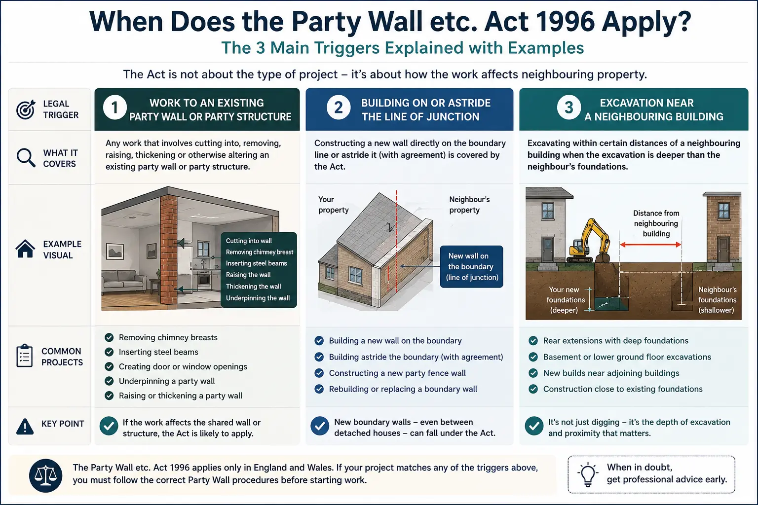 Do I Need a Party Wall Agreement? An infographic showing when does the party wall etc act 1996 apply like excavation, junction, painting, in Plymouth, UK